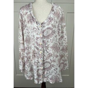 FLAX 100% Linen Floral Tunic Top M Mauve Toile Made in Lithuania Lagenlook